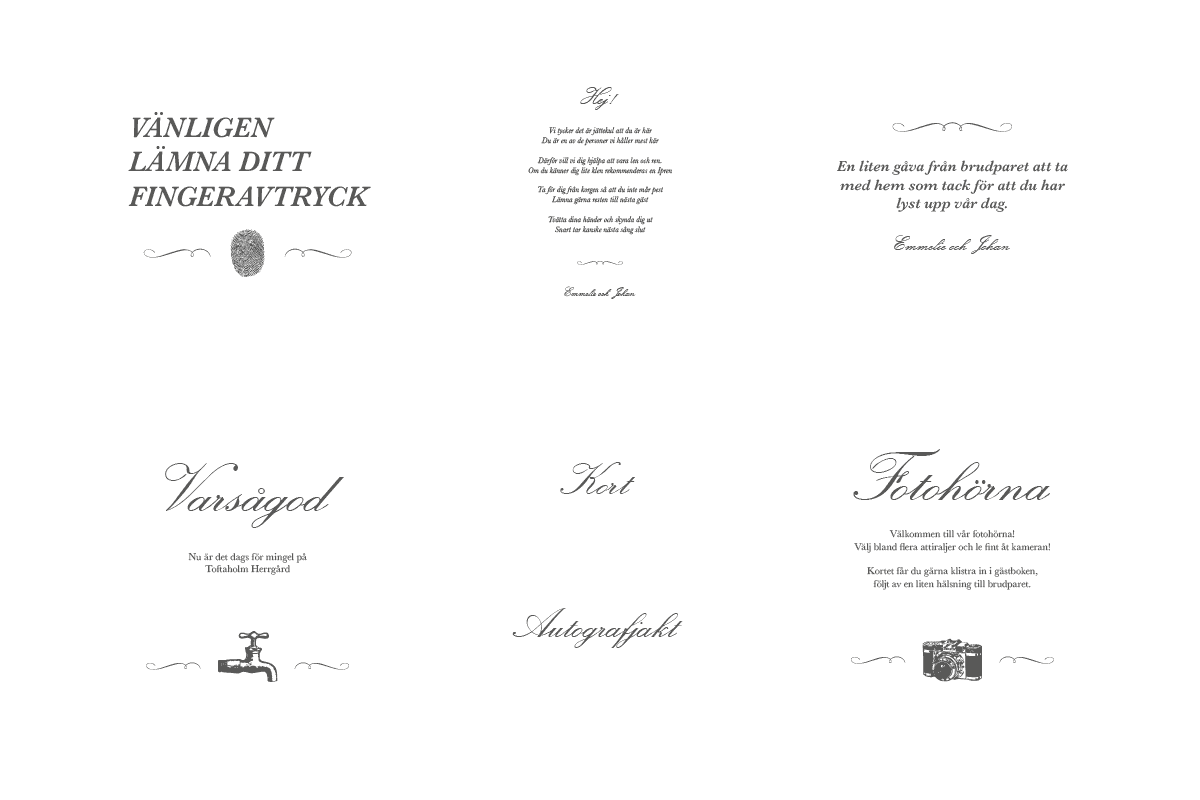 Blandade skyltar och kort som användes under bröllopsfesten.